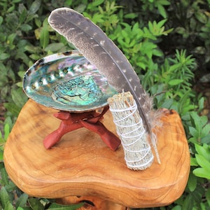 Smudge Kit - Premium Abalone Shell, Blue Sage Smudge Stick, Smudging Fan (Feather) 6&quot; Tripod Stand and Directions