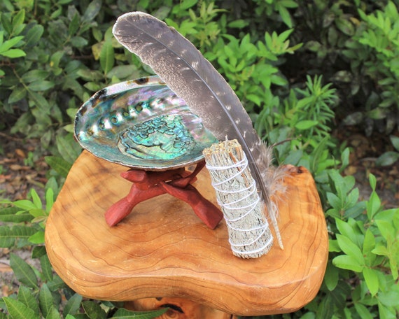 Smudge Kit - Premium Abalone Shell, Blue Sage Smudge Stick, Smudging Fan (Feather) 6" Tripod Stand and Directions