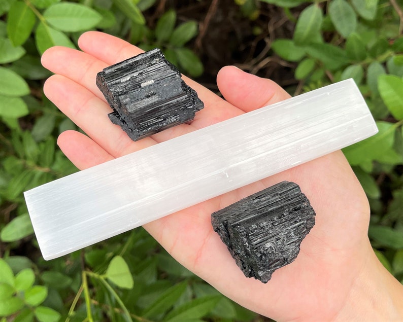 6 Polished Selenite Charging Station & 2 Extra Grade Black Tourmaline Logs Home Protection Kit, Selenite Plate, Cleansing, Meditation image 2