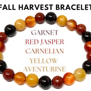 May include: A beaded bracelet featuring round polished stones in shades of yellow, orange, red, and dark brown. The text FALL HARVEST BRACELET, GARNET, RED JASPER, CARNELIAN, and YELLOW AVENTURINE is printed in the center of the circular arrangement.