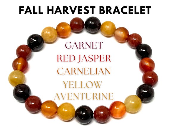Fall Harvest Bracelet: Garnet, Red Jasper, Carnelian & Yellow Aventurine 8 mm Round Autumn Inspired Crystals (Gemstone Stretch Bracelet)