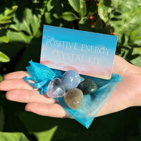 Positive Energy Crystal Kit, 4 pcs In Organza Pouch - Most Popular Tumbled Crystal Gift Kits (Chakra Protection Healing Sets)