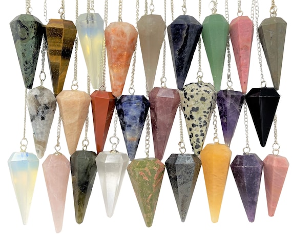 Natural Crystal Gemstone Pendulums - Faceted Pendulums With Silver Chain - HUGE Selection (Dowsing Pendulun, Divination Pendulum)