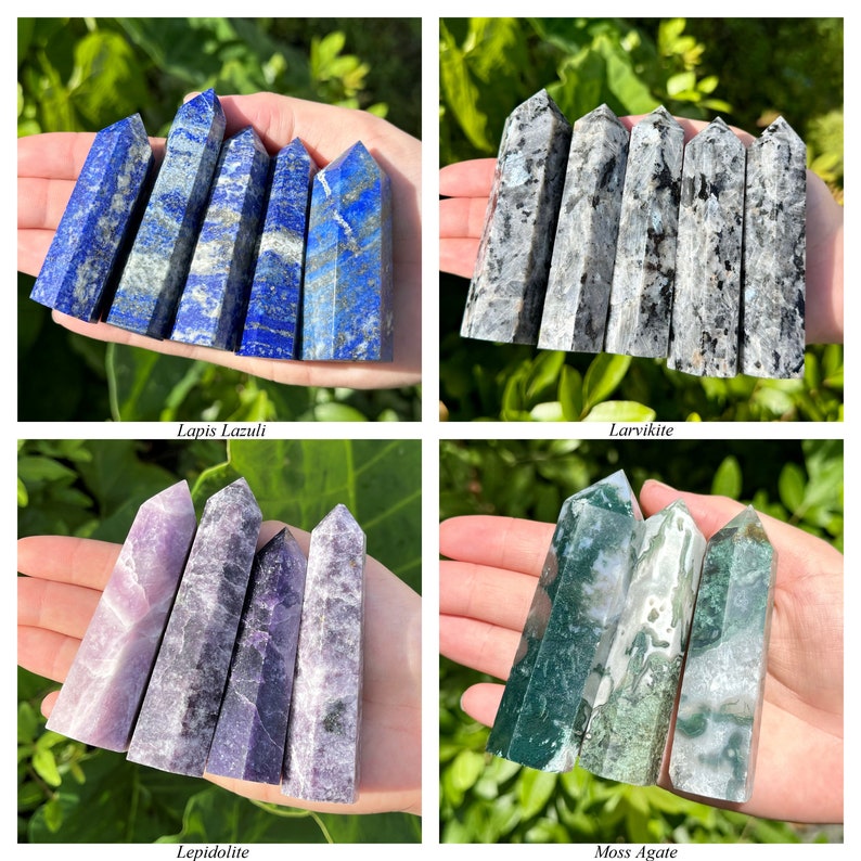 May include: A collection of four sets of polished crystal towers, including blue Lapis Lazuli, grey Larvikite, purple Lepidolite, and green Moss Agate. Each set features multiple pointed stone pillars with distinct natural patterns and textures.
