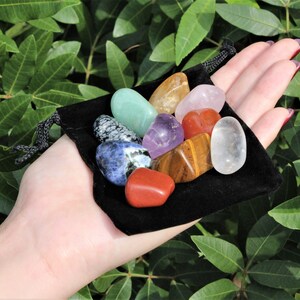 May include: A black velvet pouch filled with a variety of tumbled gemstones, including amethyst, clear quartz, tiger's eye, red jasper, and green aventurine.