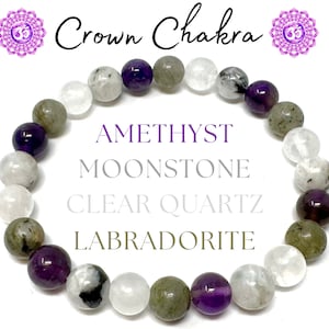 May include: A bracelet made with amethyst, moonstone, clear quartz, and labradorite beads. The bracelet is purple, white, and gray. The text "Crown Chakra" is written above the bracelet. The text "Amethyst, Moonstone, Clear Quartz, Labradorite" is written below the bracelet.