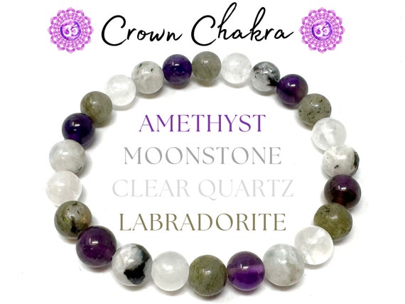 Crown Chakra Bracelets - Amethyst, Clear Quartz, Labradorite & Rainbow Moonstone 8 mm Gemstone Crystal Beads (Chakra Alignment Bracelets)