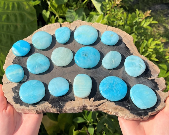 Blue Aragonite Palm Stone: Medium Size. Stone Shape Oval (Smooth Polished Blue Aragonite Pocket Stone, Worry Stone, Polished Blue Aragonite)
