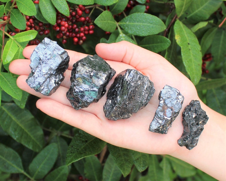 May include: A collection of six dark, metallic-looking stones with a reflective surface. The stones vary in size and shape, with a mix of jagged and smooth edges. The stones are held in an open hand against a backdrop of green foliage.