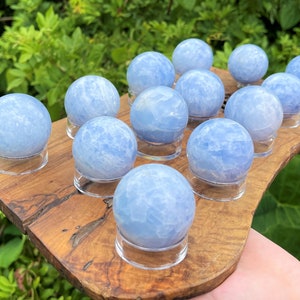 Blue Calcite Crystal Sphere with Stand, Large 2" Sphere ('AAA' Grade, Blue Calcite Sphere, Polished Blue Calcite Crystal, Healing Crystal)
