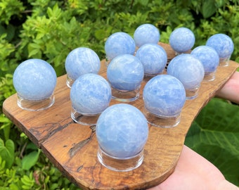 Blue Calcite Crystal Sphere with Stand, Large 1.75 - 2" ('AAA' Grade Polished Calcite Spheres)