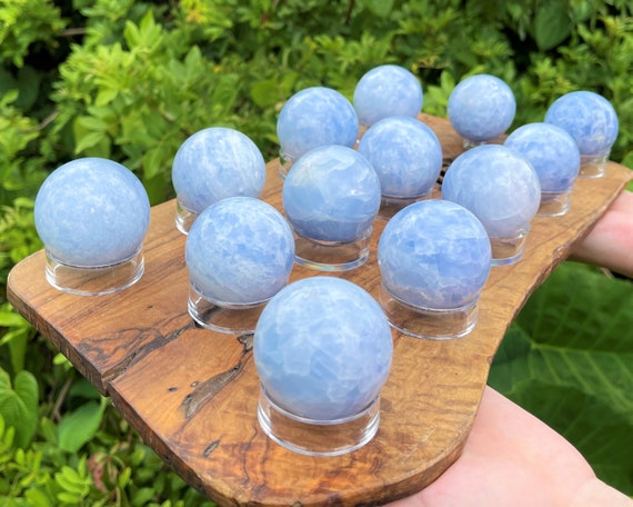 Blue Calcite Crystal Sphere with Stand, Large 1.75 - 2" Sphere ('AAA' Grade Blue Calcite Sphere, Polished Blue Calcite Crystal Sphere)