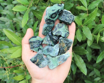 Puede incluir: Una colección de piedras verdes y negras con patrones, conocidas como ágata dendrítica, en una mano. Las piedras son ásperas y tienen un aspecto natural y orgánico.