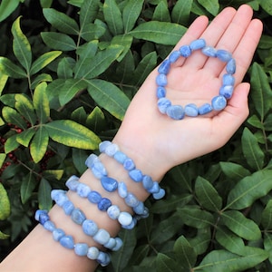 Blue Quartz Tumbled Gemstone Bracelet: 6-8 mm Stones (Premium Grade Stretch Nugget Bracelet)