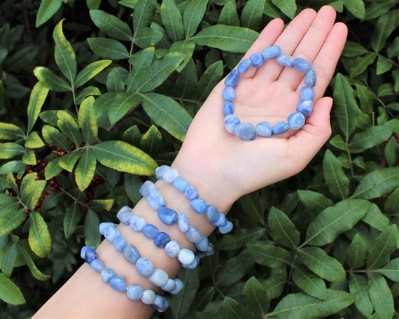 Blue Quartz Tumbled Gemstone Bracelet: 6-8 mm Stones (Premium Grade Stretch Nugget Bracelet)