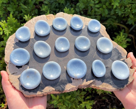 Angelite Palm Stone: Medium Size, Stone Shape Oval (Smooth Polished Worry Stone, Angelite Gemstone Pocket Stone)