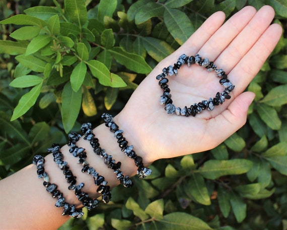 Snowflake Obsidian Chip Bracelet (Obsidian Crystal Bracelets, Snowflake Obsidian Gemstone Bracelet, Stretch Bracelet, Gift)