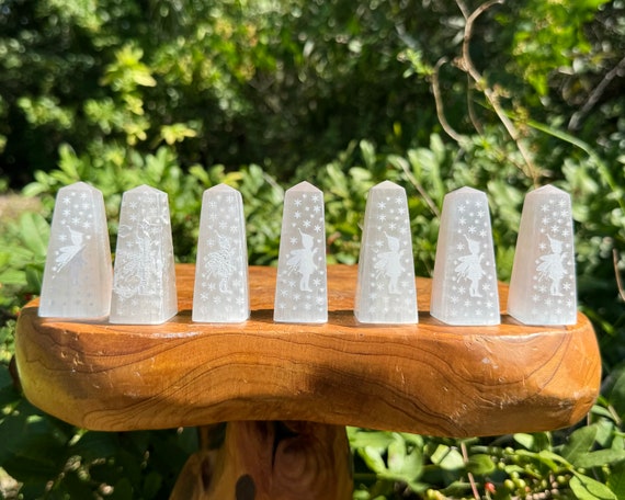 Mini Selenite Obelisk, Fairy Engraving (4-Sided Tower)