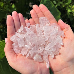 May include: A handful of small, translucent pink rose quartz chips. The chips are irregular in shape and have a slightly cloudy appearance.