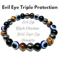 Evil Eye Bracelet With Triple Protection Crystal Beads - Evil Eye, Gold Tiger Eye, Black Obsidian, & Hematite (8 mm Evil Eye Bracelet)