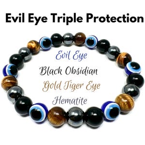 May include: Evil Eye Triple Protection bracelet with blue evil eye beads, gold tiger eye beads, black obsidian beads, and hematite beads.