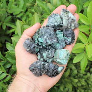 May include: A collection of rough, dark green emerald crystals with black inclusions. The crystals are various sizes and shapes, and have a natural, unpolished finish.