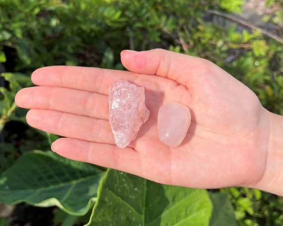 Rose Quartz Rough Natural & Tumbled Stones Set - 2 Piece Combo Kit (Natural Raw Rose Quartz + Tumbled Rose Quartz Crystals)