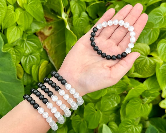 Shungite & Selenite Synergy Bracelet: 8 mm Round Crystal Beads (EMF Protection Crystals, Cleansing Stones, Gemstone Bracelets)