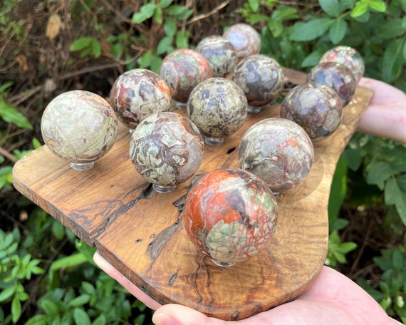 Rhyolite Crystal Sphere with Stand, Large 1.5" Sphere ('AAA' Grade Rhyolite Sphere, Polished Rhyolite Crystal, Rain Forest Jasper)