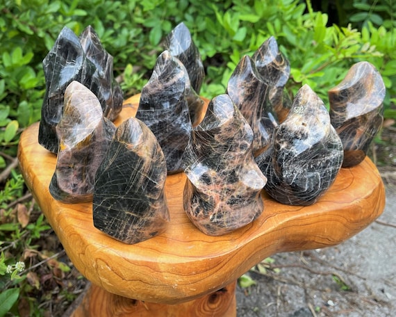 Black Moonstone Crystal Flame, Stunning Polished Cut Base Black Moonstone: Choose Size ('AAA' Quality, Free Standing Display Crystal)