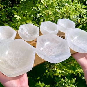 Selenite Hexagon Charging Bowls: 2.75, 4 or 6&quot; Hexagon Shaped Offering Bowl - Choose Size (Selenite Cleansing Bowl, Charging + Purification)