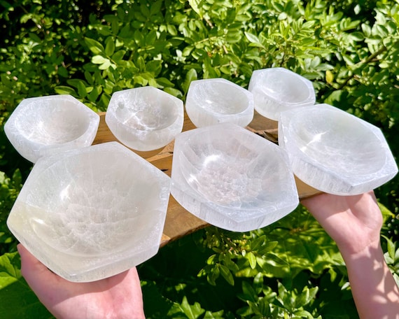 Selenite Hexagon Charging Bowls, 4" or 6" Hexagon Shaped Offering Bowl - Choose Size (Selenite Cleansing Bowl, Charging + Purification)