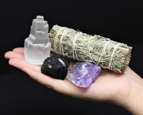 Home Protection Crystal Kit: Amethyst, Selenite, Tourmaline & Blue Sage Smudge (Crystal Protection Kit, Crystal Healing, Home Cleansing)