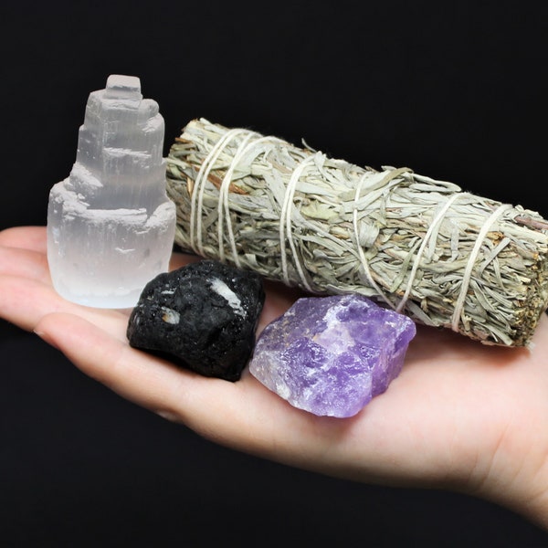 Home Protection Crystal Kit: Amethyst, Selenite, Tourmaline & Blue Sage Smudge (Crystal Protection Kit, Crystal Healing, Home Cleansing)