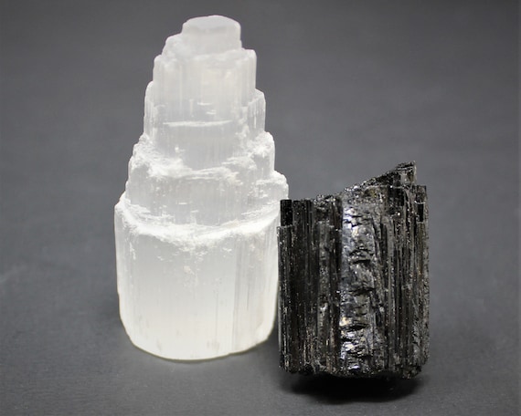 4" Selenite Tower & Extra Grade Black Tourmaline Log: Crystal Home Protection Kit