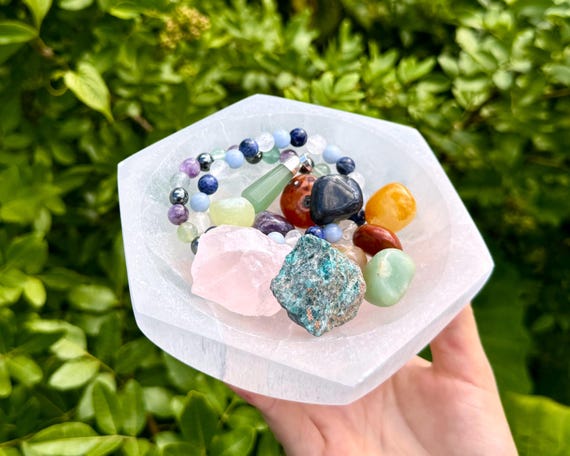 Extra Large Selenite Hexagon Crystal Bowl, 6” Charging Bowl - Decorative Stone Bowls for Altar Decor
