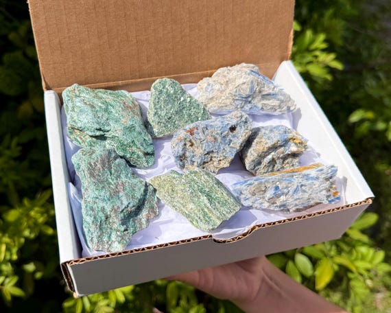 Blue Kyanite & Fuchsite Gift Box: 8 - 10 Piece Mixed Natural Crystals From Brazil