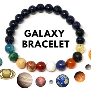 Galaxy Bracelet: 8 Planets, Moon and Sun Beads - Natural High Quality Genuine Gemstones (8mm Bead Bracelet, Crystal Celestial Bracelet)