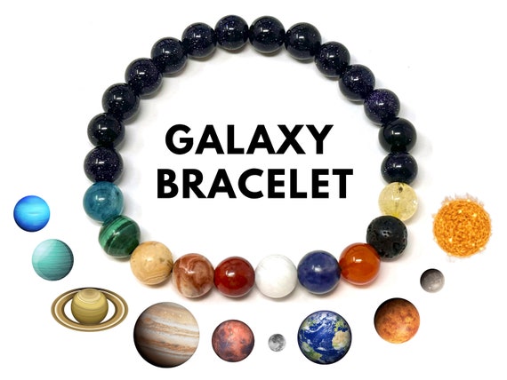 Galaxy Bracelet: 8 Planets, Moon and Sun Beads - Natural High Quality Genuine Gemstones (8mm Bead Bracelet, Crystal Celestial Bracelet)