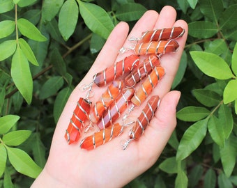 Carnelian Spiral Wire Wrapped Point Pendant / Necklace (Carnelian Point Pendant, Crystal Pendant, Coil Wire Wrapped Carnelian Necklace)