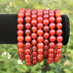 May include: Several strands of orange-red gemstone bead bracelets. The beads are round and have a polished, glossy finish. The bracelets are displayed on a black velvet surface against a blurred green background.