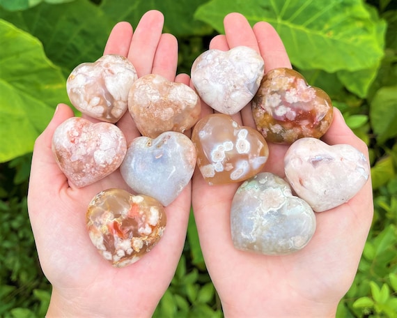 LARGE Flower Agate Heart Crystals, 1.5 - 1.75" ('A' Grade Crystal Heart, Polished Flower Agate Carved Gemstone Heart)
