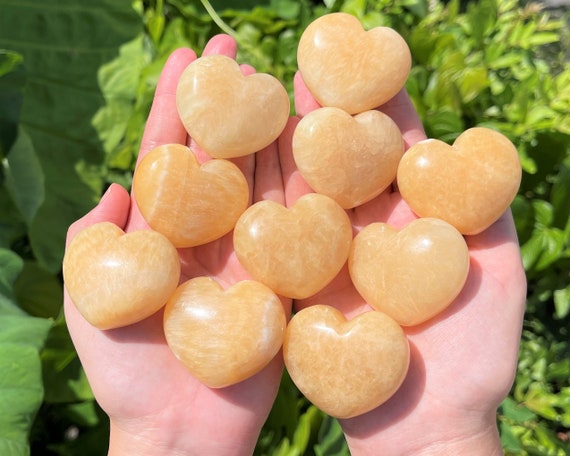 LARGE Orange Calcite Heart Crystal, 1.75" ('A' Grade Crystal Heart, Carved Puffed Gemstone Heart, Crystal Healing)