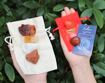 Aries Zodiac Crystal Kit, 4 Birthstones in an Organza Pouch: You Choose Rough or Tumbled Stones, or Both! (Crystal Gift Kits)