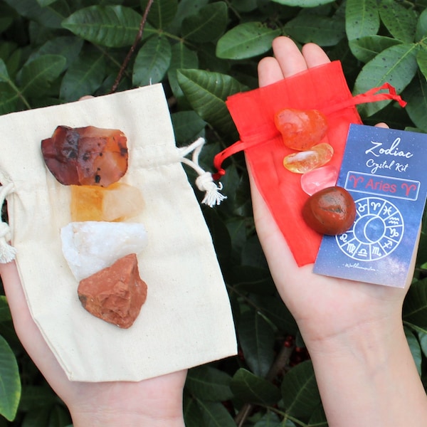 Aries Zodiac Crystal Kit, 4 Birthstones in an Organza Pouch: You Choose Rough or Tumbled Stones, or Both! (Crystal Gift Kits)