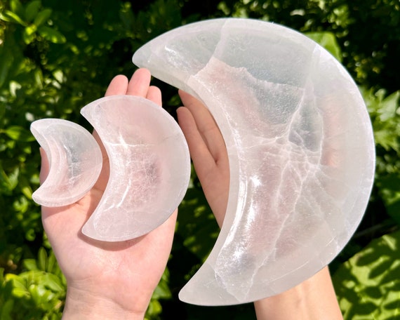 Selenite Moon Charging Bowl, 2.75", 4", 6" or 8" Moon Shaped Offering Bowl - Choose Size (Selenite Cleansing Bowl, Charging + Purification)
