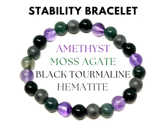 Stability Bracelet: Amethyst, Black Tourmaline, Hematite & Moss Agate Combo, 8 mm Round Grounding Crystals (Crystal Bracelet)