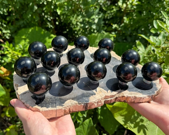 Black Obsidian Crystal Sphere + Display Stand, 1.5" - Choose How Many (Black Obsidian Crystal Ball, Crystal Healing)