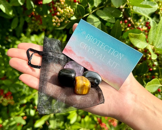 Protection Crystal Kit, 4 pcs In Organza Pouch - Most Popular Tumbled Crystal Gift Kits (Chakra Protection Healing Sets)