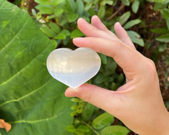 Selenite Heart Stone: LARGE 1.5 - 2" (Crystal Heart, Gemstone Heart, Palm Heart, Puffed Heart, Stone Heart, White Selenite, Carved Heart)